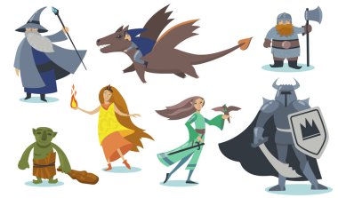 Bilgisayar oyunu çizgi film karakterleri ayarlandı. Dev, kalkan, ork, sihirbaz, elf, cüce, hobbit olan Viking savaşçısı. Online oyun, fantezi ve masal konsepti için izole edilmiş çizgi film vektör çizimi