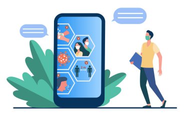 Coronavirus farkındalık sohbeti. mas 'daki telefon kullanıcısı ekrana covid restriksiyon infografikleri düz vektör illüstrasyonuyla bakıyor. Pankart, web sitesi tasarımı veya web sayfası için salgın, salgın konsepti