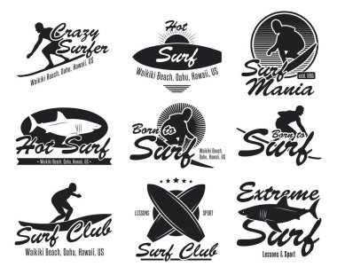 Farklı sörf kulübü amblemleri. Siyah logo ya da sörf tahtası, sörfçü, köpekbalığı, dalga vektör illüstrasyon koleksiyonu. Yaz, seyahat, Hawaii ve tasarım konsepti