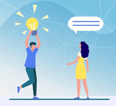 Arkadaşı, kız arkadaşı ya da meslektaşı ile parlak fikirleri paylaşan bir adam. Elinde parlak ampul tutan adam düz vektör çizimi yapıyor. Sancak, web sitesi tasarımı veya iniş web sayfası için bulgu, keşif kavramı