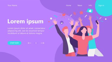Mutlu gençler cep telefonu düz vektör illüstrasyonuyla fotoğraf çekiyor. Neşeli bir grup karakter eğleniyor ve poz veriyor. Dijital teknoloji ve arkadaşlık kavramı