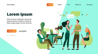 Hippiler birlikte çalışırken bilgisayar kullanırlar ve konuşurlar. Yaratıcı ekip buluşması ve açık alanda çalışma. İş yeri, takım çalışması, iş konsepti için vektör illüstrasyonu