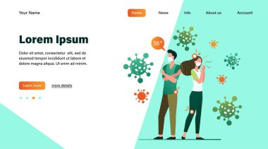 Kaygı ve koronavirüs semptomlarından muzdarip yüz maskesi takan enfekte insanlar. Kadın ve erkek ateşler içinde, baş ve eklem ağrıları çekiyor. Wuhan, solunum hastalıkları ve uyarı konuları için kullanılabilir.