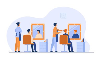 Berber dükkanında oturan adamlar düz vektör çizimlerini izole ettiler. Çizgi film kuaförleri sandalyedeki erkek müşteriler için saç kesimi yapıyorlar. Kuaför salonu ve güzellik salonu konsepti