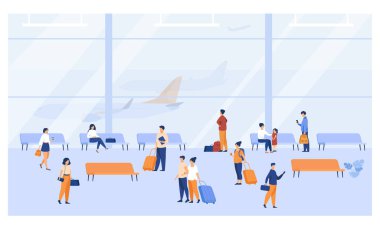 Havaalanı içinde geniş panoramik pencereli düz vektör illüstrasyonlu yolcular. Çizgi film karakteri uçak bekliyor, banklarda oturuyor, bavullarla yürüyor. Ulaştırma ve turizm kavramı