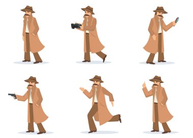 Özel dedektif seti. Farklı hareketler ve pozlar müfettişi, bıyıklı, paltolu, şapkalı, fotoğraf çeken, silah doğrultan müfettiş. Soruşturma, gölgeleme, gizem konsepti