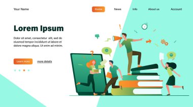 Ofis kaosu vektör illüstrasyonu. Kızgın patron megafona bağırıyor, çalışanlar telaşla koşuyor ve panikliyor. Zaman, son teslim tarihi ve iş kavramlarındaki stres için kullanılabilir.