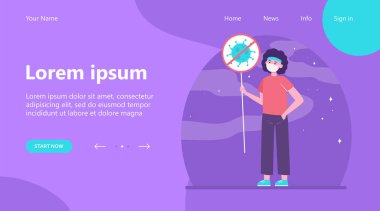 Koronavirüsü protesto eden kişi. Düz vektör illüstrasyonlu yüz maskesi takan bir adam. Pankart için salgın, yayılma, virüs konsepti, web sitesi tasarımı veya iniş web sayfası