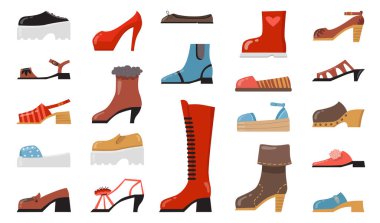 Various fashionable footwear flat icon set. Cartoon stylish elegant and casual shoes, seasonal boots, summer sandals isolated vector illustration collection. Fashion and footgear concept clipart
