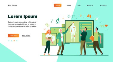 Kıdemli profesör sınıfta öğrenci grubuna ders veriyor. Gri saçlı doktor vücut siluetini göstererek insan anatomisini açıklıyor. Eğitim, konferans, sınıf, tıp konsepti için vektör illüstrasyonu