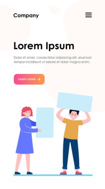 Destek pankartları tutan aktivist. Beyaz boş afiş ve poster düz vektör illüstrasyonlu kadın ve erkek. Sosyal kampanya, pankart için grev konsepti, web sitesi tasarımı veya iniş web sayfası