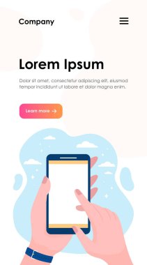 Cep telefonu elle izole edilmiş düz vektör çizimi. Akıllı telefonu boş ekranla tutan ve ekran görüntüsü yapan bir adam. Yazılım ve teknoloji kavramı