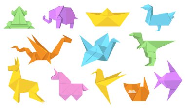 Japon origami hayvanları düz çizim seti. Çizgi film çokgen kağıt at, tavşan, kuş, kurbağa, balık ve kedi izole vektör illüstrasyon koleksiyonu. Modern hobi ve rahatlama konsepti