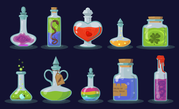 Elixir bottles set. Cartoon magic jars with potion, glass chemical vials with corks on black background. Flat vector illustration for witchcraft, alchemy, Halloween, poison concept