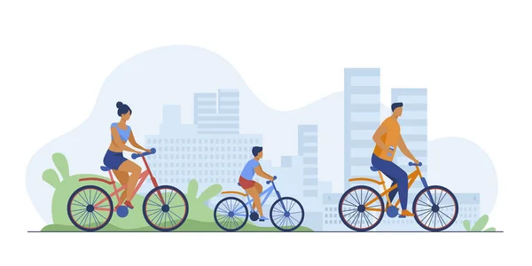 Family weekend outdoors. Man, woman, boy riding bikes in park. Parent couple cycling with son. Vector illustration for summer activity, leisure, recreation concept