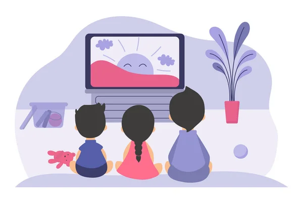 Erkekler ve kızlar TV ekranında oturup çocuklar için çizgi film izliyorlar. Çocukluk, televizyon, video, çocuk konsepti için vektör illüstrasyonu