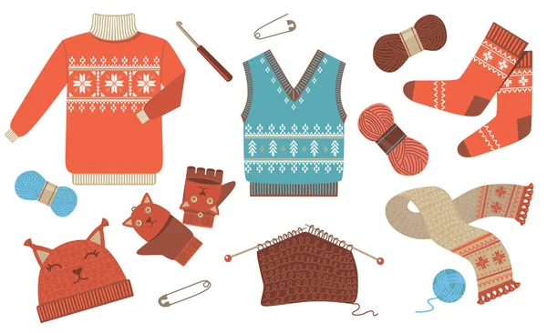 Knitted Winter Autumn Seasonal Clothes Flat Icon Kit Woolen Sweater — Wektor stockowy