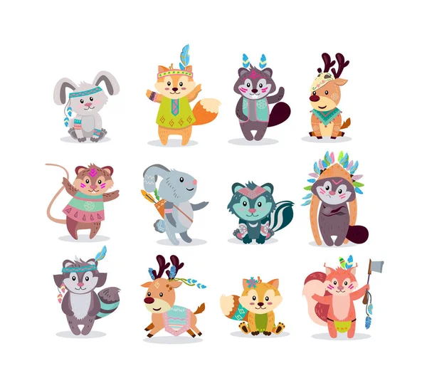 Woodland Boho Characters Flat Icon Kit Cartoon Cute Rabbit Fox — Stock Vector