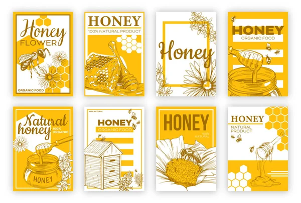 Honey Sketch Flat Poster Set Design Flyers Bees Honeycomb Isolated — Wektor stockowy