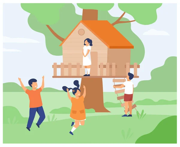 Erkekler Kızlar Ağaç Evde Oynuyorlar Çocuklar Yaz Maceralarını Ahşap Kulübeleriyle — Stok Vektör