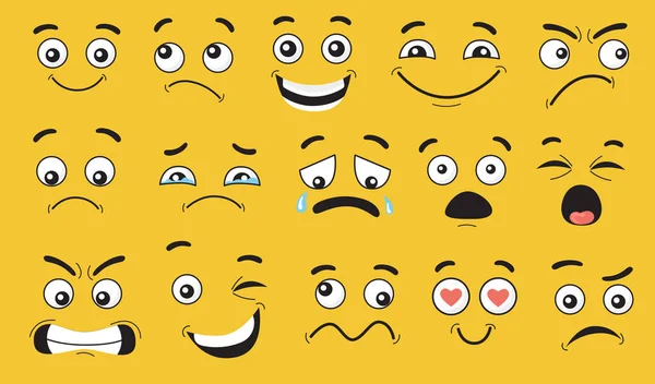 Comic face expressions set. Smiling, pensive, happy, crying, shocked, scared, angry cartoon character faces, grimaces with eyes and mouth. Vector illustrations for emotions and feelings concept