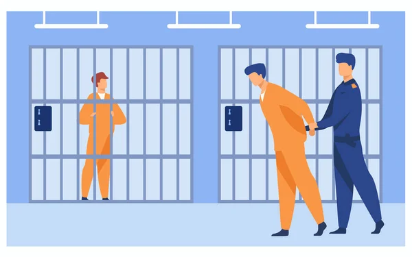 Criminals Jail Concept Guard Officer Escorting Prisoner Prison Room Vector — Stock Vector