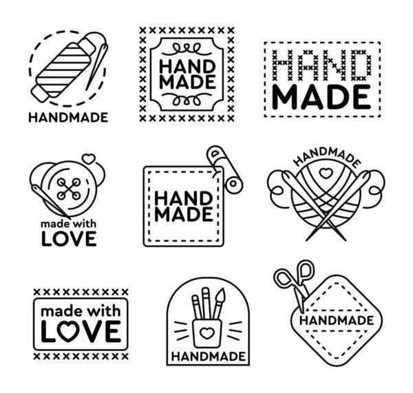 Handmade badges set. Emblems and logos for cross stitching, sewing, knitting theme design. Black vector illustrations on white background