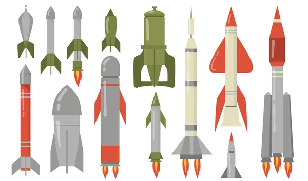 各种弹道导弹扁平图标集 用于空袭的危险爆炸性军用火箭孤立矢量图解收集 陆军武器 战争和原子弹概念 — 图库矢量图片