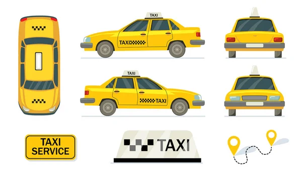 Žluté Taxíky Nastaveny Boční Horní Zadní Pohled Taxi Auta Vektorové — Stockový vektor