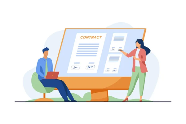 Ondernemers Tekenen Online Een Contract Partners Die Handtekeningen Aanbrengen Documenteren — Stockvector