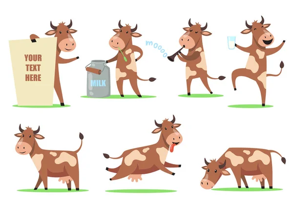 Funny Cartoon Cow Set Cute Smiling Animal Character Different Action — Stock Vector