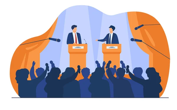 Politicians Talking Having Debates Front Audience Flat Vector Illustration Cartoon — Stock Vector