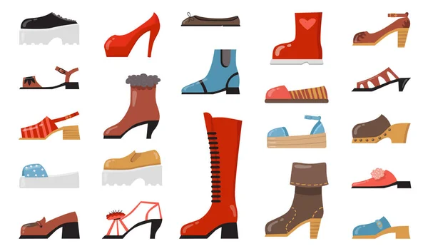 Varios Moda Conjunto Icono Plano Calzado Dibujos Animados Elegantes Zapatos — Vector de stock