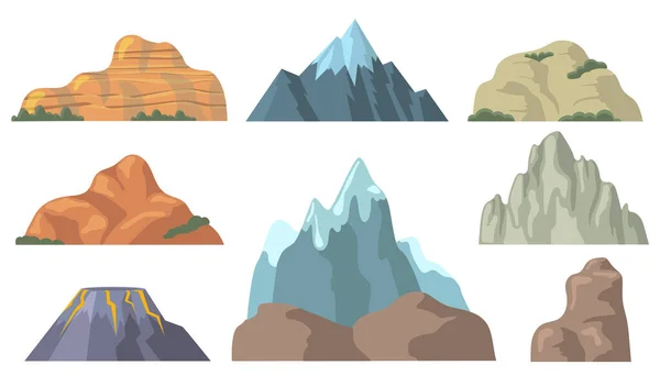 Varios Picos Montaña Conjunto Icono Plano Dibujos Animados Formas Colina — Archivo Imágenes Vectoriales