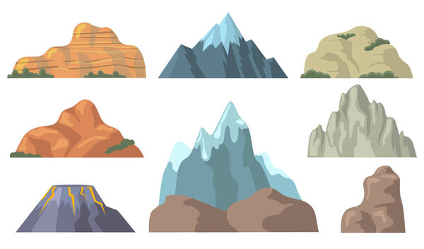 Various mountain peaks flat icon set. Cartoon shapes of rocky hill, snowy promontory top, rock, volcano isolated vector illustration collection. Landscape and terrain concept