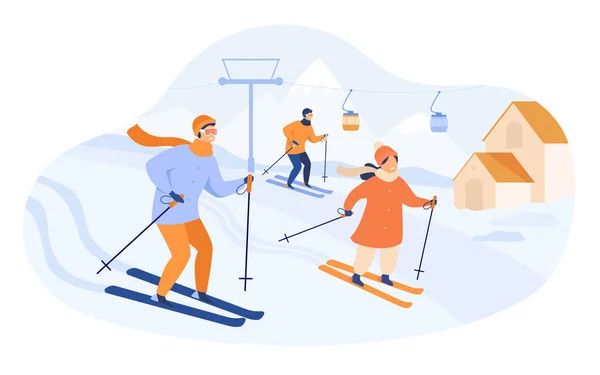 Happy family skiing in mountains. People spending winter vacation at ski resort with elevator and cottages. Vector illustration for activity, lifestyle, sport concept