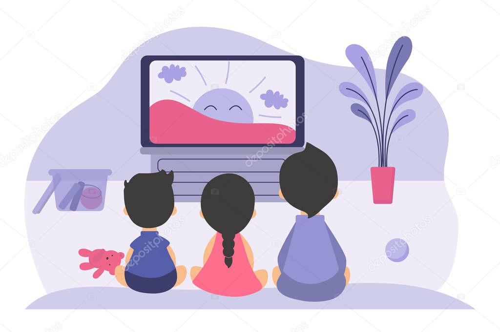 Boys and girls sitting at TV screen and watching cartoon movie for children. Vector illustration for childhood, television, video, show for kids concept