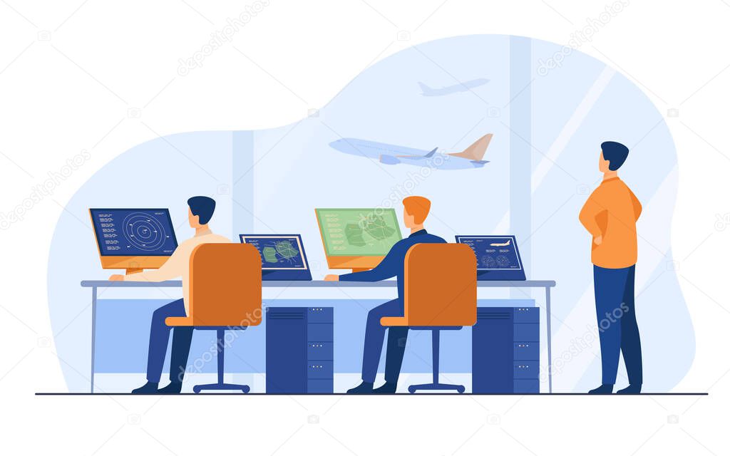 Flight control center isolated flat vector illustration. Cartoon airport command room or tower for fly track controlling. International transportation and weekend concept