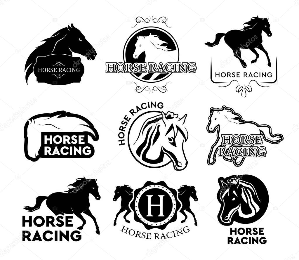 Horse race logo set. Running horse isolated illustrations with text and frames in vintage styles. Can be used for equestrian sport labels or polo club badges templates