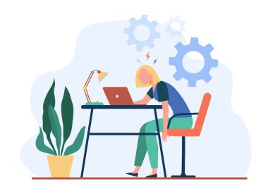 Dizüstü bilgisayarda çalışan yorgun ve bitkin bir kadın. Aşırı yükleme, aşırı çalışma ve yorgunluk için vektör illüstrasyonu.