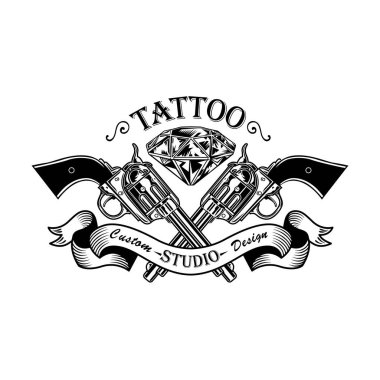 Retro çapraz silah ve elmas vektör çizimi. Tek renkli, şık tabancalar. Dövme tasarımı ve biçim kavramı geçmişe dönük şablon, pankart veya poster için kullanılabilir