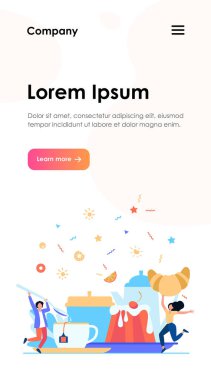 İnsanlar çay partisinde eğleniyor. Çizgi filmdeki kadın ve erkekler sıcak içkinin, kurabiyelerin, kruvasanın ve tatlının tadını çıkarıyorlar. Kahve molası, fırın, şeker, menü konsepti için vektör illüstrasyonu