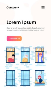 Bir binada yaşayan insanlar. Daire, pencere, komşu düz vektör çizimi. Sancak, web sitesi tasarımı veya iniş web sayfası için yaşam tarzı ve mahalle konsepti