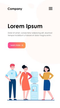 Pozitif insanlar soğutucuda su içiyor. Ofis arkadaşları, sohbet, düz vektör illüstrasyonunu kırın. İçecek, içecek, içecek, pankart, web sitesi tasarımı veya iniş sayfası için su soğutucu kavramı