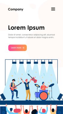 Ünlü rock grubu müzik çalıyor ve sahne düz vektör illüstrasyonunda şarkı söylüyor. Çizgi film kalabalığı olay yerinin yakınında durup el sallıyor. Konser ve performans konsepti