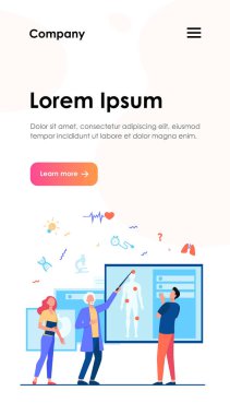 Kıdemli profesör sınıfta öğrenci grubuna ders veriyor. Gri saçlı doktor vücut siluetini göstererek insan anatomisini açıklıyor. Eğitim, konferans, sınıf, tıp konsepti için vektör illüstrasyonu