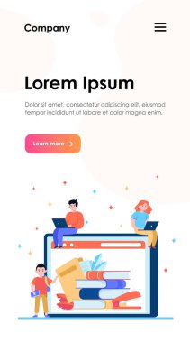 Çevrimiçi kütüphanede kitap okuyan küçük insanlar. İnternet, laptop, teknoloji düz vektör çizimi. Sancak, web sitesi tasarımı veya iniş sayfası için bilgi ve eğitim kavramı