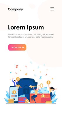 Paraları koruyan mutlu insanlar sabit vektör çizimlerini izole ettiler. Erkekler ve kadınlar, rozet ya da bozuk paraların anahtarını elinde tutuyorlar ve banka mevduatını koruyorlar. Mali güvenlik ve iş sigortası kavramı