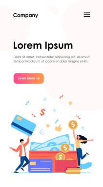 Büyük, açık cüzdanlı, düz vektör resimli mutlu adam ve kadın. Plastik kart tutan izole genç bir adam ve paralı bir kız. Maaş, kredi dengesi ve bütçe kavramı