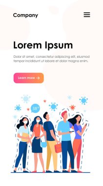 Enfeksiyon kalabalıkta yayılıyor. Maskeli ya da maskesiz insanlar birlikte, öksürüyorlar, ateş yüzünden acı çekiyorlar. Koronavirüs, karantina, tehlike, alarm, salgın konsepti için vektör çizimi